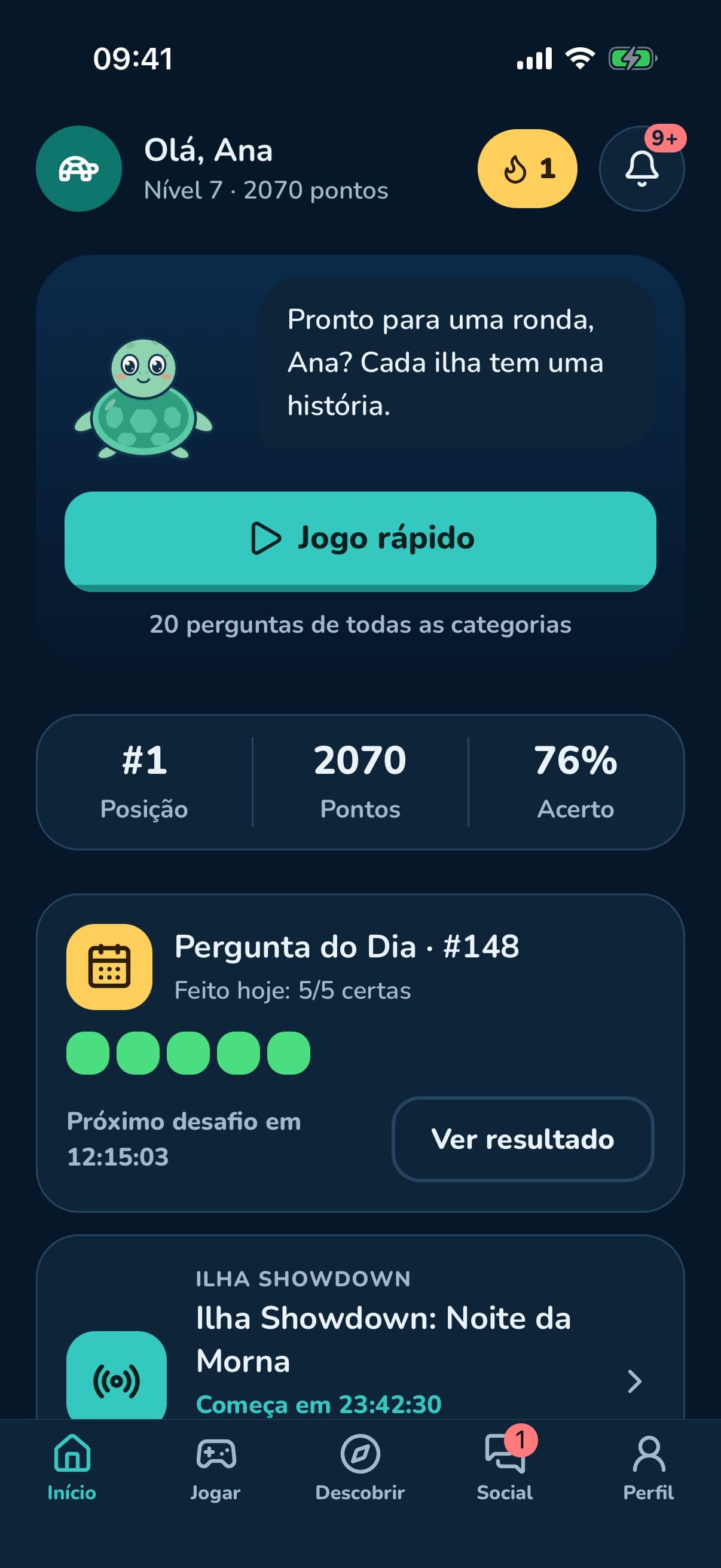 Ecrã inicial: jogo rápido, posição, pontos e a Pergunta do Dia