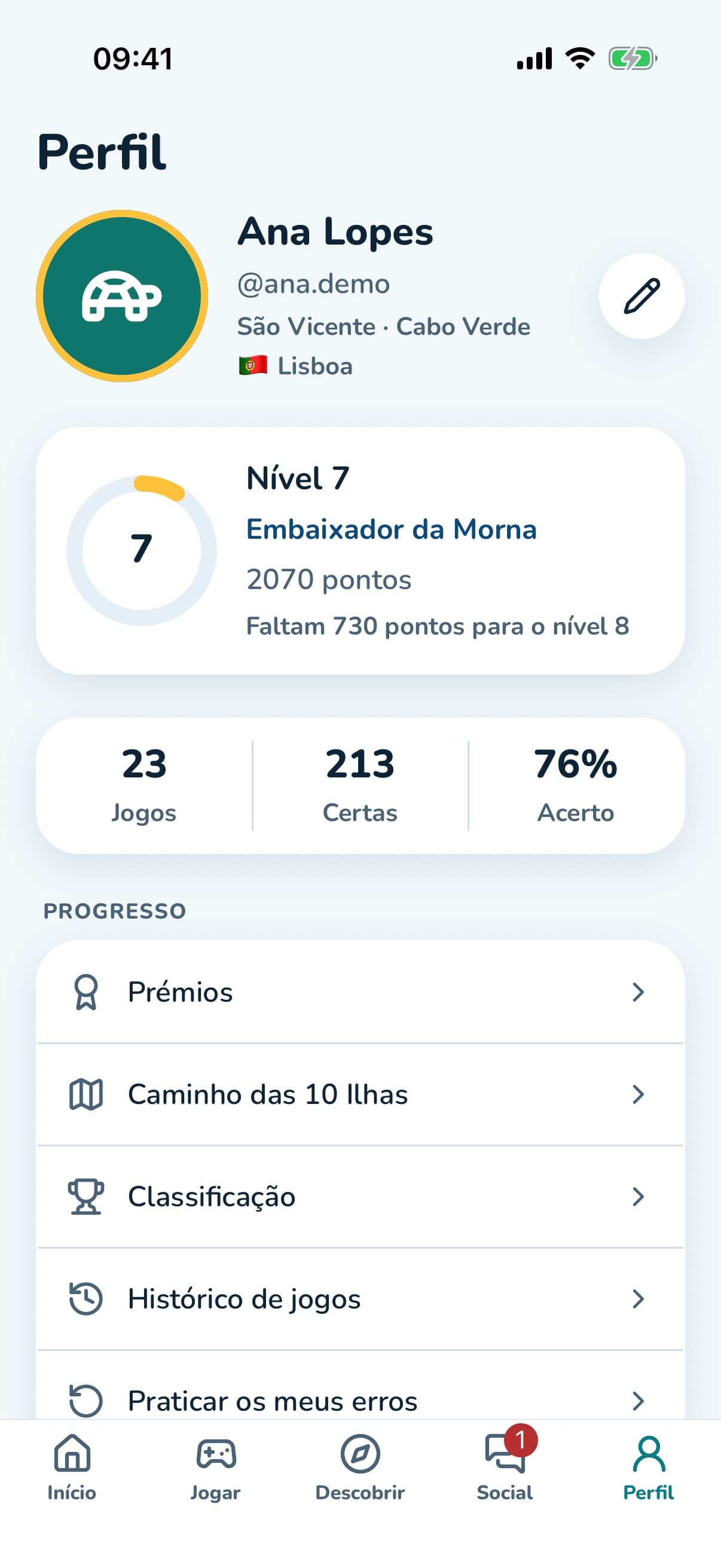 Perfil do jogador com nível e estatísticas
