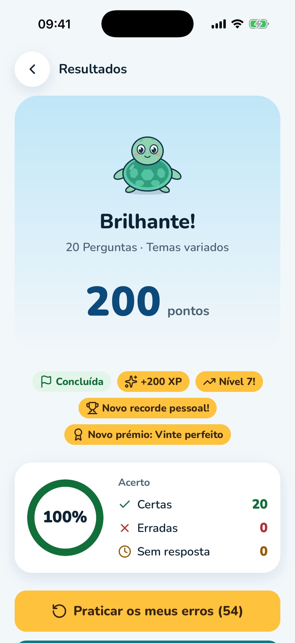 Resultado do jogo: 200 pontos e 100 % de acerto