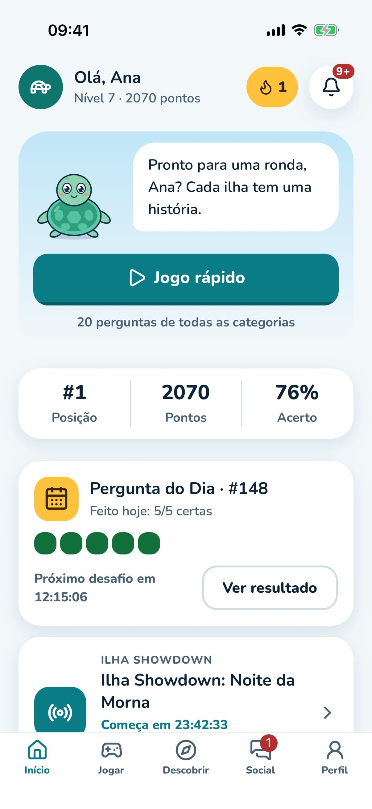 Ecrã inicial: jogo rápido, posição, pontos e a Pergunta do Dia