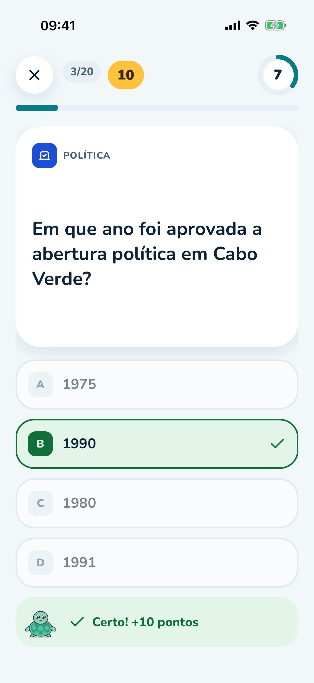 Resposta certa assinalada a verde: «Certo! +10 pontos»